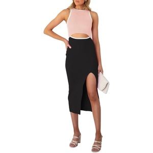 Pink Queen Women's Cutout Sleeveless Tank Slit Ribbed Bodycon Midi Dress